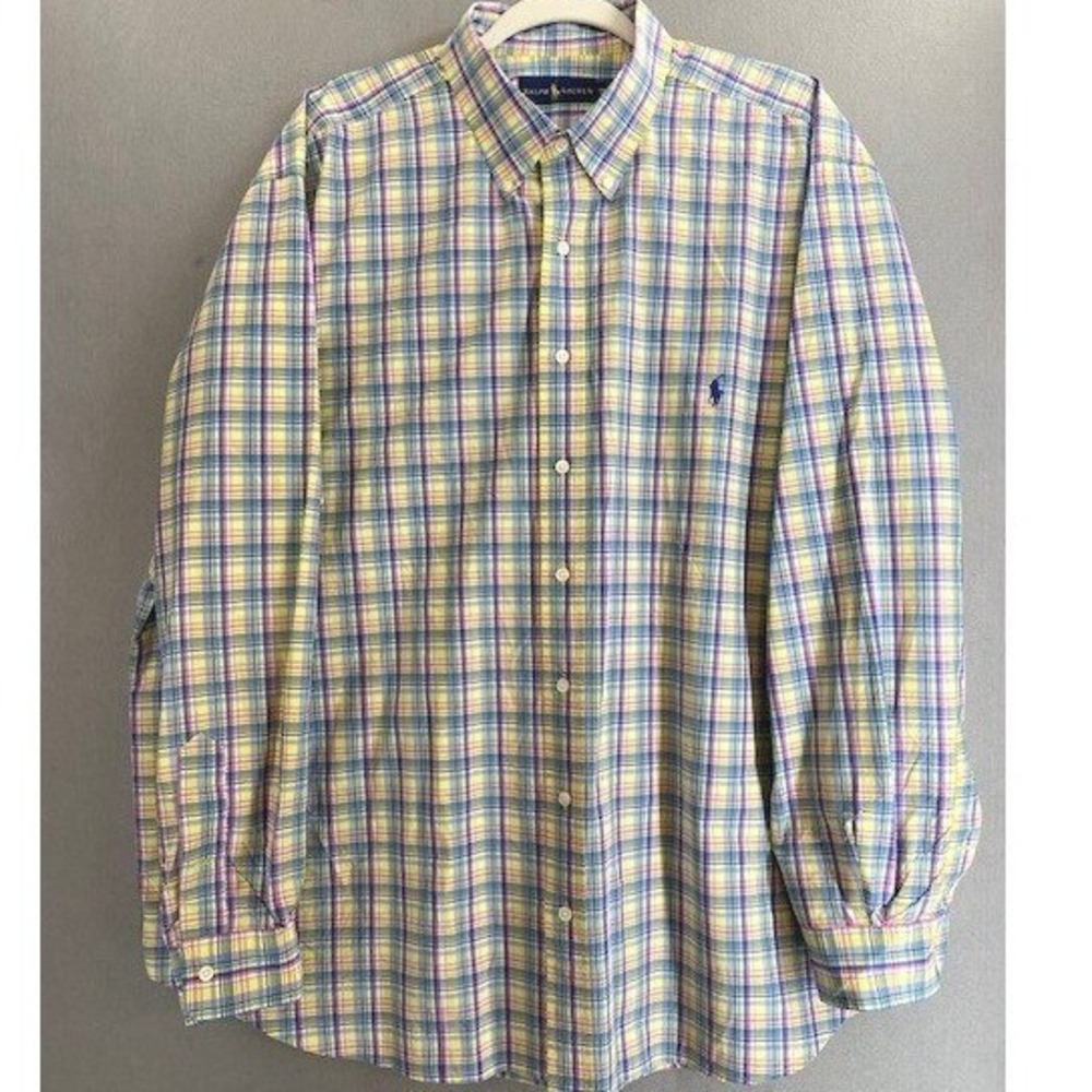 Ralph Lauren Men 2XB Big Plaid Button Down Shirt Yellow Blue Cotton Poplin‎ Long